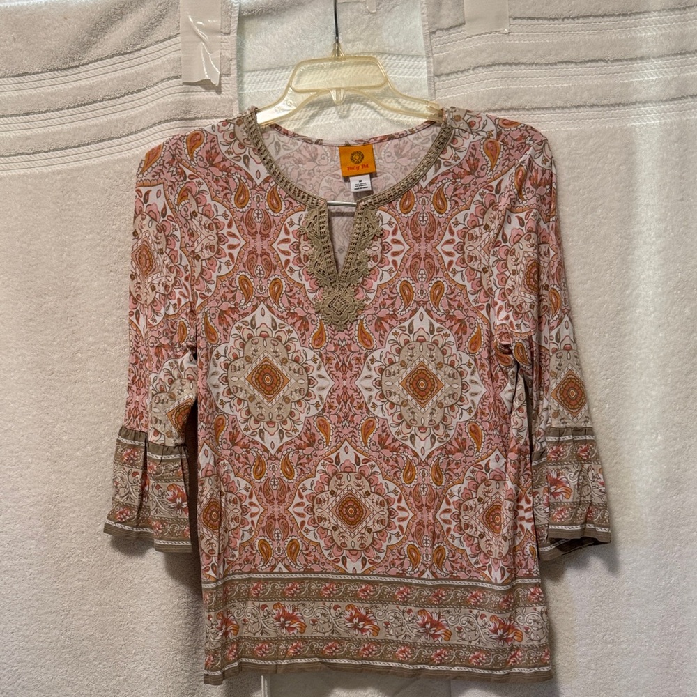 Ruby Rd. Orange And Cream Patterned Blouse F100 - image 1